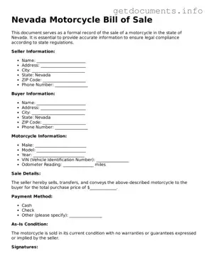 Free  Motorcycle Bill of Sale Template for Nevada