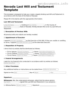 Free  Last Will and Testament Template for Nevada