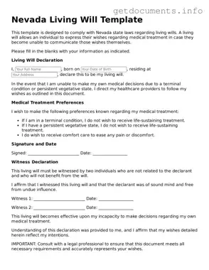 Free  Living Will Template for Nevada