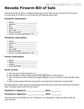 Free  Firearm Bill of Sale Template for Nevada