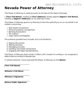 Free  Power of Attorney Template for Nevada