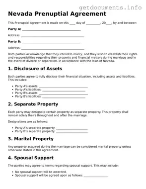 Free  Prenuptial Agreement Template for Nevada