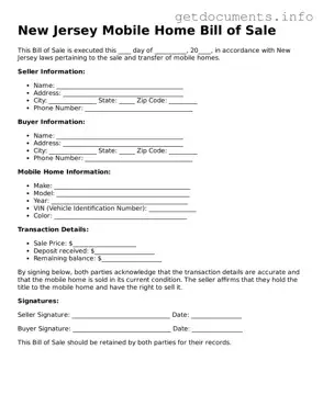Free  Mobile Home Bill of Sale Template for New Jersey