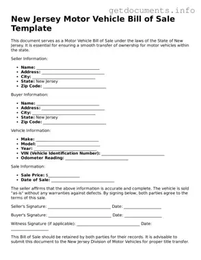 Free  Motor Vehicle Bill of Sale Template for New Jersey