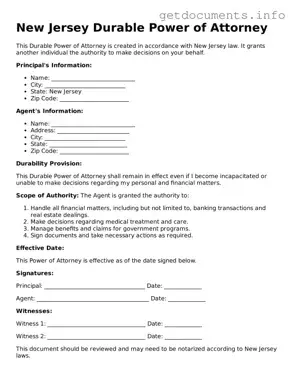 Free  Durable Power of Attorney Template for New Jersey