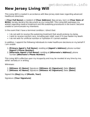 Free  Living Will Template for New Jersey
