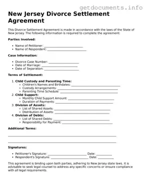 Free  Divorce Settlement Agreement Template for New Jersey