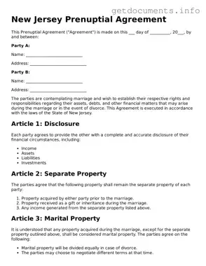Free  Prenuptial Agreement Template for New Jersey