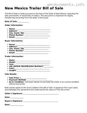 Free  Trailer Bill of Sale Template for New Mexico
