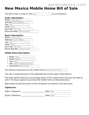 Free  Mobile Home Bill of Sale Template for New Mexico