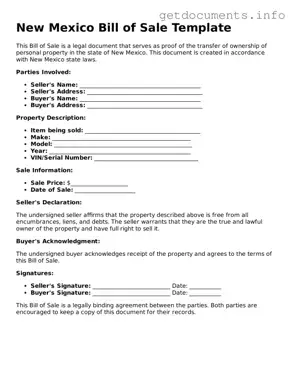 Free  Bill of Sale Template for New Mexico