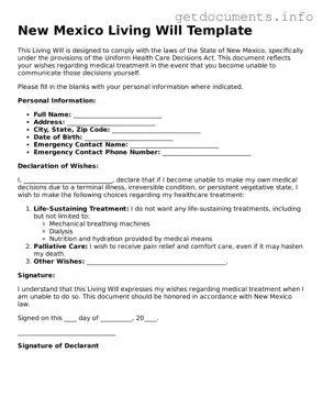 Free  Living Will Template for New Mexico