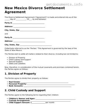 Free  Divorce Settlement Agreement Template for New Mexico