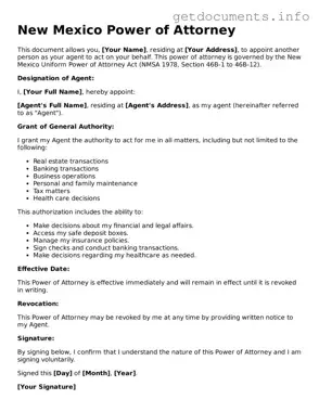 Free  Power of Attorney Template for New Mexico