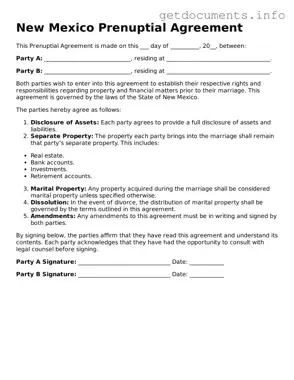 Free  Prenuptial Agreement Template for New Mexico