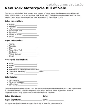 Free  Motorcycle Bill of Sale Template for New York