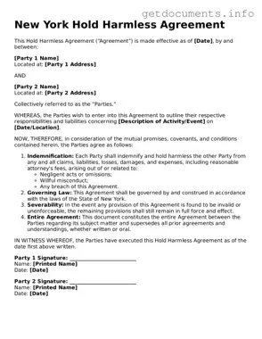 Free  Hold Harmless Agreement Template for New York