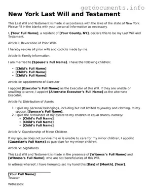 Free  Last Will and Testament Template for New York