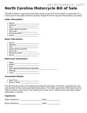 Free  Motorcycle Bill of Sale Template for North Carolina