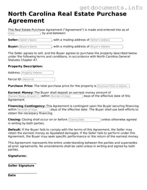 Free  Real Estate Purchase Agreement Template for North Carolina