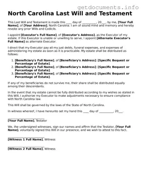 Free  Last Will and Testament Template for North Carolina