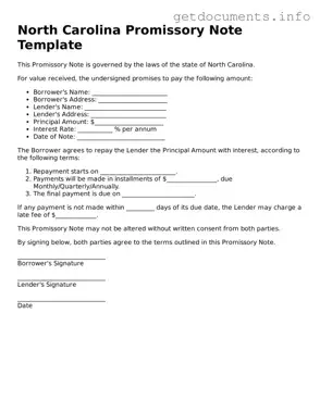 Free  Promissory Note Template for North Carolina