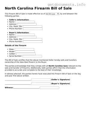 Free  Firearm Bill of Sale Template for North Carolina