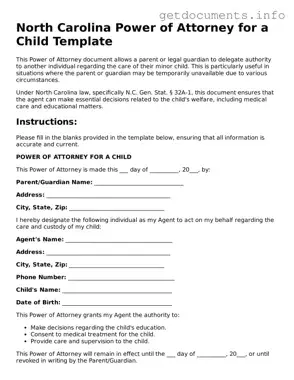 Free  Power of Attorney for a Child Template for North Carolina