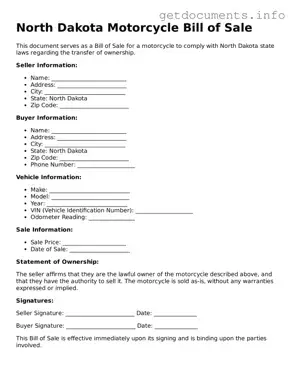 Free  Motorcycle Bill of Sale Template for North Dakota
