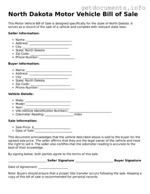 Free  Motor Vehicle Bill of Sale Template for North Dakota