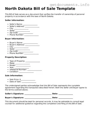 Free  Bill of Sale Template for North Dakota