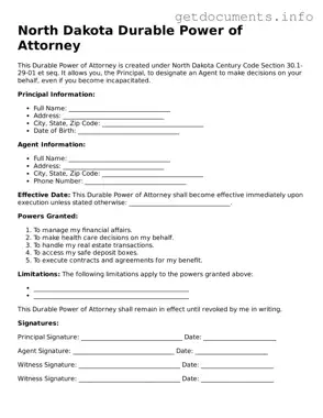 Free  Durable Power of Attorney Template for North Dakota