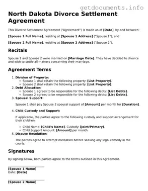 Free  Divorce Settlement Agreement Template for North Dakota