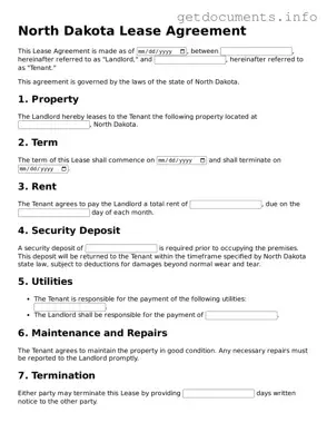 Free  Lease Agreement Template for North Dakota