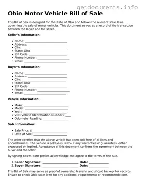 Free  Motor Vehicle Bill of Sale Template for Ohio