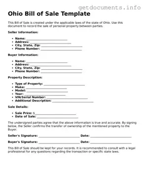 Free  Bill of Sale Template for Ohio