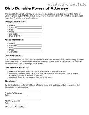 Free  Durable Power of Attorney Template for Ohio