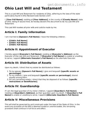 Free  Last Will and Testament Template for Ohio
