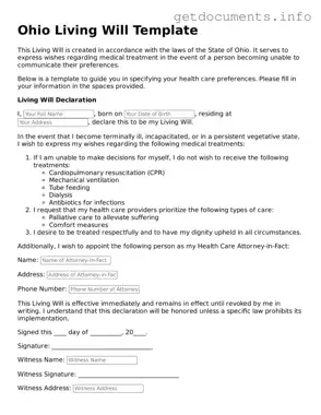 Free  Living Will Template for Ohio
