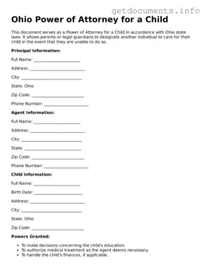 Free  Power of Attorney for a Child Template for Ohio