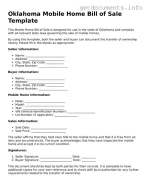 Free  Mobile Home Bill of Sale Template for Oklahoma