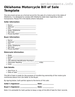 Free  Motorcycle Bill of Sale Template for Oklahoma