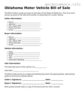 Free  Motor Vehicle Bill of Sale Template for Oklahoma