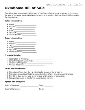 Free  Bill of Sale Template for Oklahoma