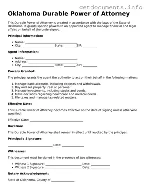 Free  Durable Power of Attorney Template for Oklahoma