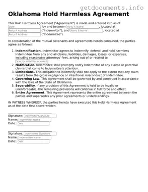 Free  Hold Harmless Agreement Template for Oklahoma