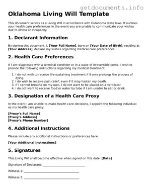 Free  Living Will Template for Oklahoma