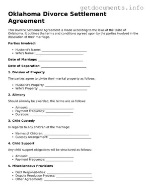 Free  Divorce Settlement Agreement Template for Oklahoma