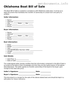 Free  Boat Bill of Sale Template for Oklahoma