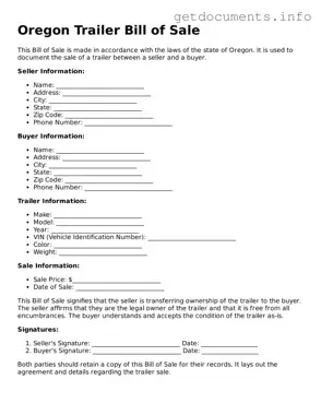 Free  Trailer Bill of Sale Template for Oregon